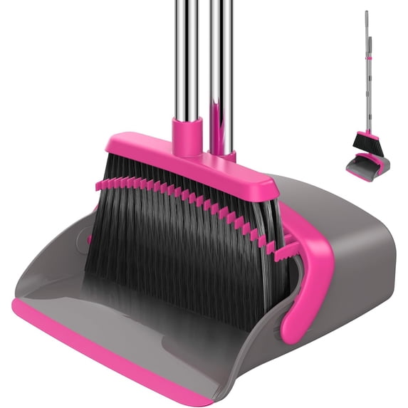 Broom and Dustpan Set, 52-in Long Adjustable Handle Combo with Teeth to Automatically Clean Hair Suitable for Home Kitchen Office Hall Floor(Grey&Rose)