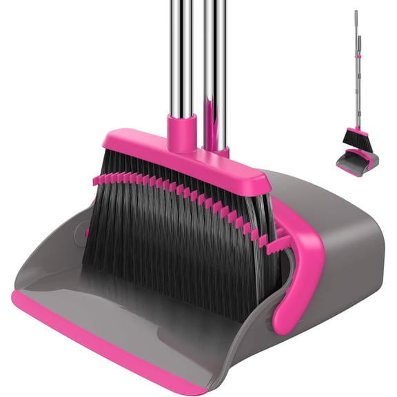 Broom and Dustpan Set, 52-in Long Adjustable Handle Combo with Teeth to Automatically Clean Hair Suitable for Home Kitchen Office Hall FloorGrey&Rose