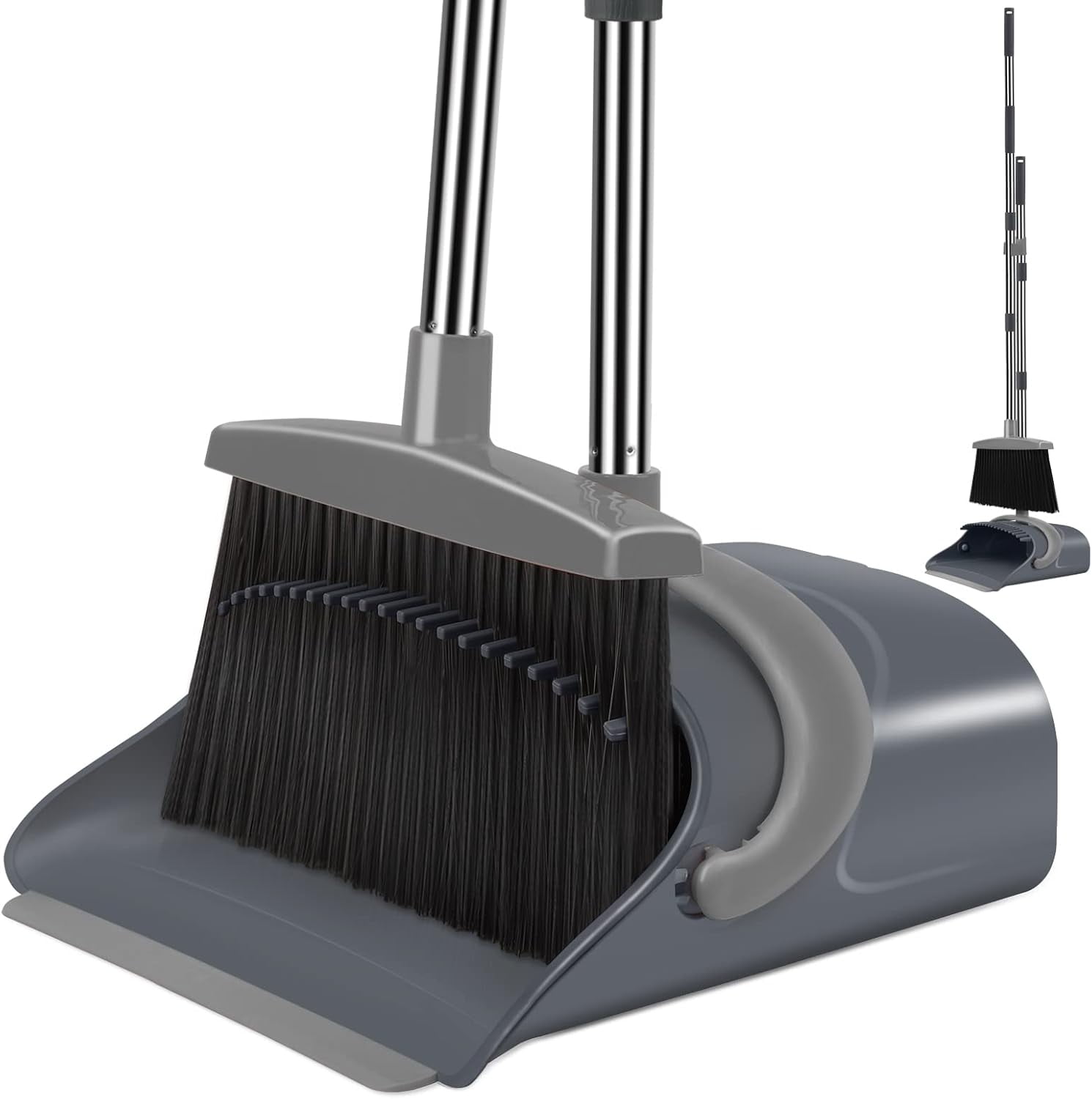 Gray and Black Long-handled Stainless Steel Broom with Dustpan Combo Set