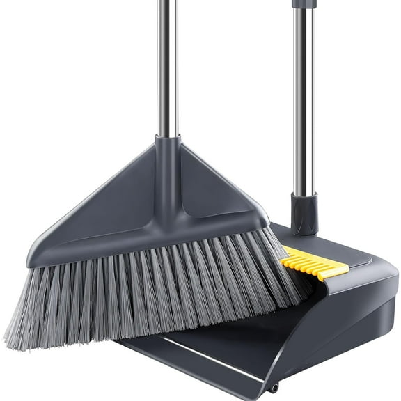 Broom and Dustpan Set for Home with 52 Inch Long Angled Handle - Stand Up No Warping Metal Edge, Ergonomic Sweeping, 4 Layer Bristles Hair Cleaning Teeth Kitchen Office