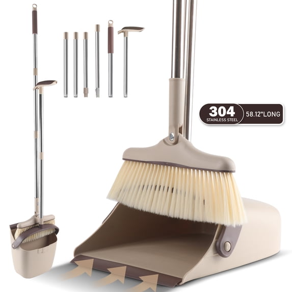 JUNLIN Upgrade 58.1''Broom and Dustpan Set for Home, Broom and Dustpan Combo for Home Office, Stand up Broom and Self-Cleaning with Dustpan Teeth, Khaki