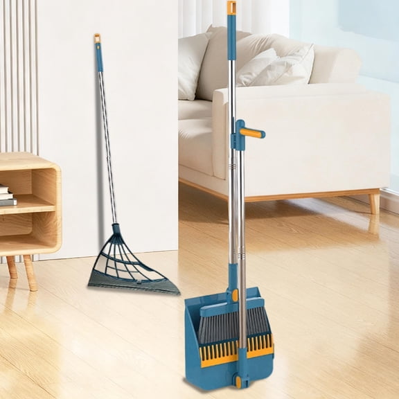 Broom and Dustpan Set for Home, Rotating Head Soft Bristle Broom with Built-in Comb, Foldable Space Saving Storage, Corner Cleaning Broom for Hardwood Floors or Tile