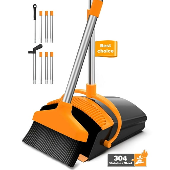 CshidWorld Broom and Dustpan Set for Home, Stainless Steel Ergonomics 50" Long Handle Broom with Self Cleaning Dustpan Teeth, Black Orange Brooms for Floor Ideal for Pet Hair Home Kitchen Offile