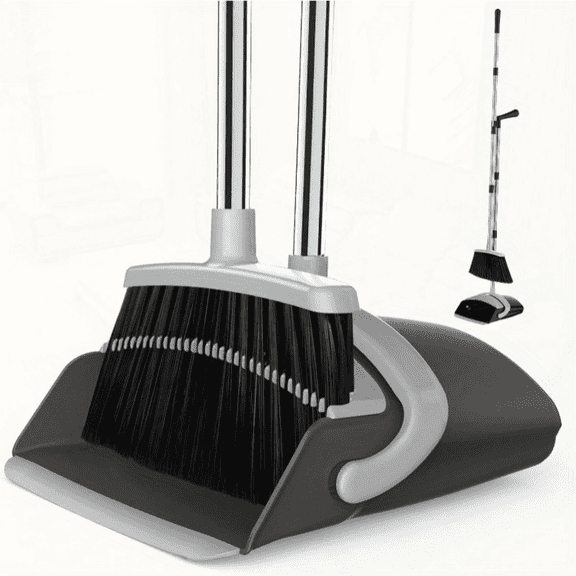 Long Handle Plastic Hand Broom & Dustpan Set with Dustpan, Black