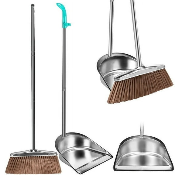 Broom and Dustpan Set with Long Handle Heavy Duty Stainless Steel Dustpan with Broom Space Saving Broom Dustpan Combo Sweeper and Dustpan Set with Broom Clip for Indoor Outdoor Kitchen Lobby