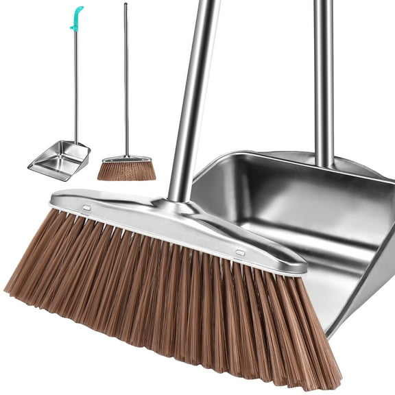 Broom and Dustpan Set with Long Handle Heavy Duty Stainless Steel Dustpan with Broom Space Saving Broom Dustpan Combo Sweeper and Dustpan Set with Broom Clip for Indoor Outdoor Kitchen Lobby