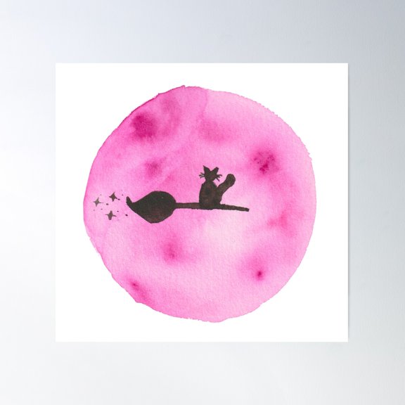 Broom Flight Under A Purple Moon, White Poster Wall Art, Modern Wall Decor For Living Room Bedroom, 24x24 UNFRAMED