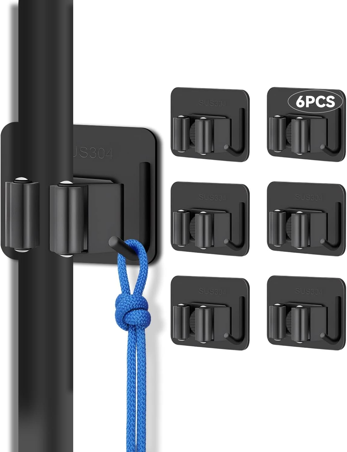 Broom Holder, 6 Pack Holder with Hook Black Broom Holder Wall Mounted