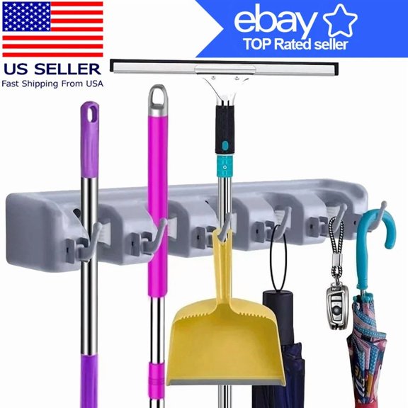 Broom Holder And Garden Tool Garage Organizer 5 Slots 6 Hooks For Rake Mop Wall