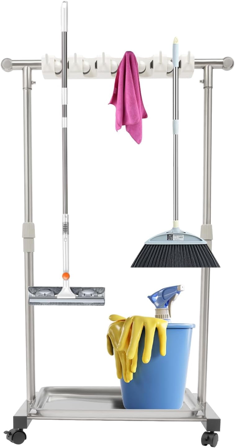 Broom Holder, Broom Rack Mop Rack Stand Cart, Stainless Steel Movable ...