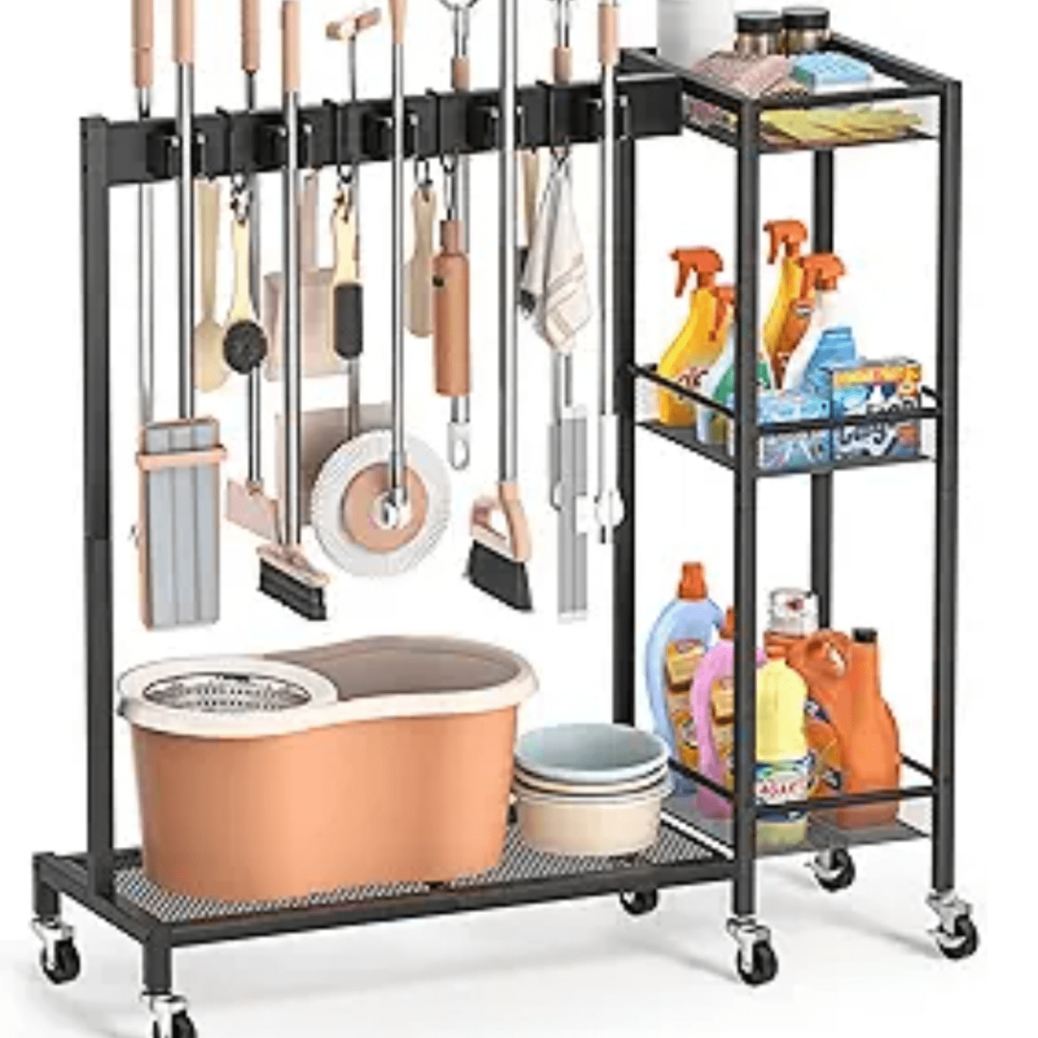 Bundle Rack Housekeeping Broom Holder with Cleaning Supplies Organizer, Broom Closet Storage ...