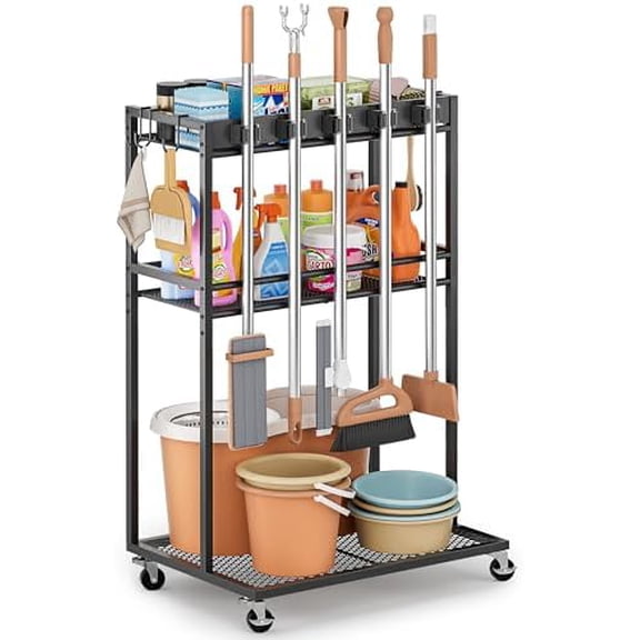 Broom Holder with Cleaning Supplies Organizer, Broom Closet Storage Cabinet with Mop Hanger Gripper Rack Hooks, Cleaning Housekeeping Janitorial Cart with Cleaning Caddy, Laundry Room Organization$