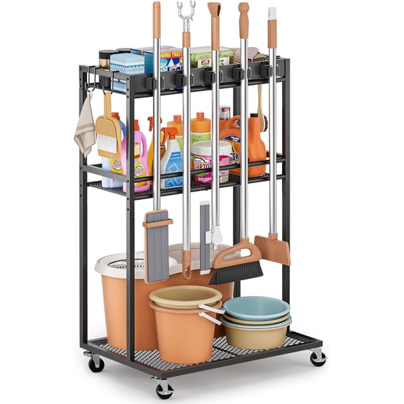 Broom Holder with Cleaning Supplies Organizer, Broom Closet Storage Cabinet with Mop Hanger Gripper Rack Hooks, Cleaning Housekeeping Janitorial Cart with Cleaning Caddy, Laundry Room Organization