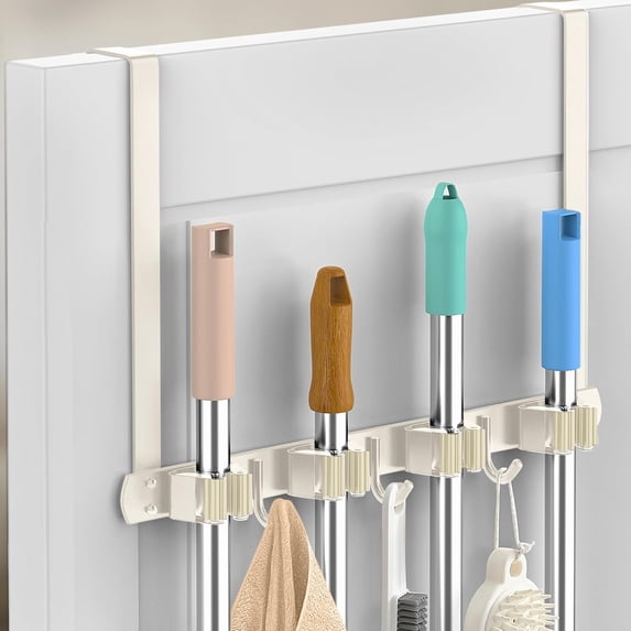 Broom Holder Over The Door - 304 Stainless Steel Mop and Broom Holder Wall Mounted or Hanging Over The Door with Hooks - Broom Hanger, Broom Storage Tool Organizer for Closet Laundry - light beige