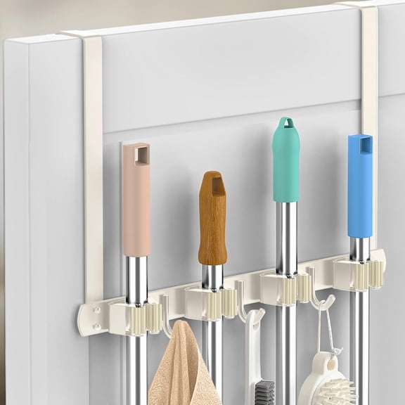 Broom Holder Over The Door - 304 Stainless Steel Mop and Broom Holder Wall Mounted or Hanging Over The Door with Hooks - Broom Hanger, Broom Storage Tool Organizer for Closet Laundry - light beige