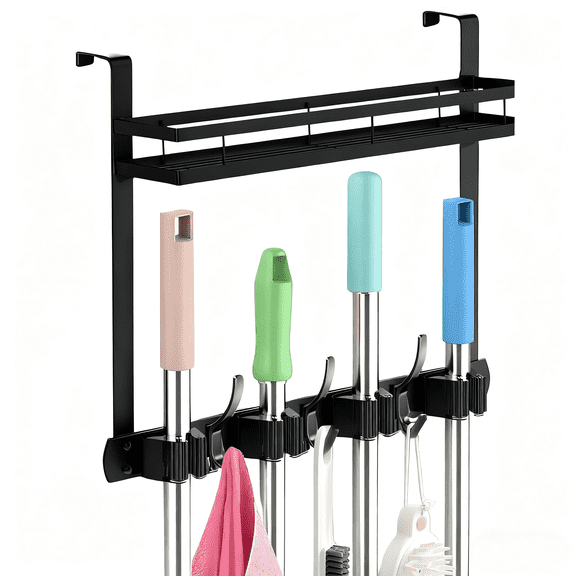 Broom Holder Over The Door Over Door Broom and Mop Rack Over The Door Hooks Organizer With4 Slots & 3 Hooks 1 Storage Basket For Laundry Room, Garage, Closet, Kitchen Decor (black)