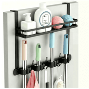 Broom Holder Over The Door Over Door Broom and Mop Rack Over The Door Hooks Organizer With4 Slots & 3 Hooks 1 Storage Basket For Laundry Room, Garage, Closet, Kitchen Decor black