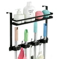 thumbnail image 1 of Broom Holder Over The Door Over Door Broom and Mop Rack Over The Door Hooks Organizer With4 Slots & 3 Hooks 1 Storage Basket For Laundry Room, Garage, Closet, Kitchen Decor (black), 1 of 8