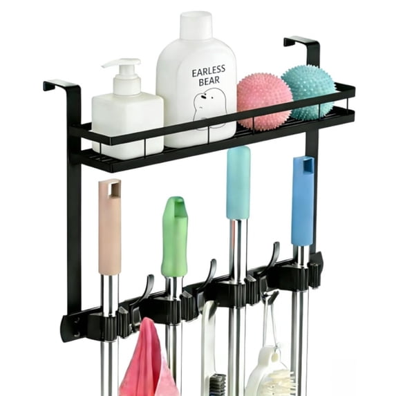 Broom Holder Over The Door Over Door Broom and Mop Rack Over The Door Hooks Organizer With4 Slots & 3 Hooks 1 Storage Basket For Laundry Room, Garage, Closet, Kitchen Decor (black)