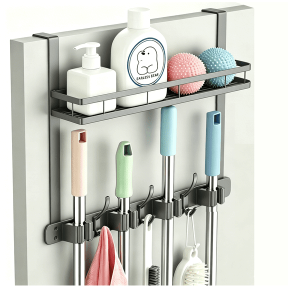 Broom Holder Over The Door Over Door Broom and Mop Rack Over The Door Hooks Organizer With4 Slots & 3 Hooks 1 Storage Basket For Laundry Room, Garage, Closet, Kitchen Decor (grey)
