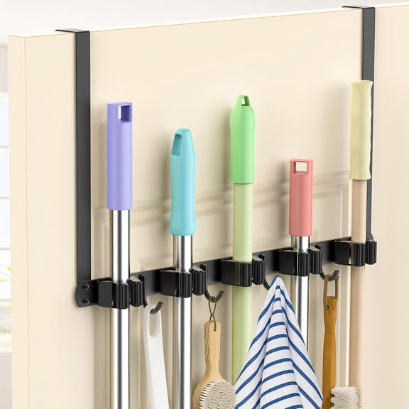 Broom Holder Over The Door Drilling Free Mop and Broom Holder with 4 Over Door Hook, Metal Mop and Broom Storage Wall Mount Broom Storage Tool Organizer for Laundry Room Garage Kitchen Bathroom