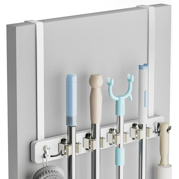 Broom Holder Door Mount, Over the Door Broom and Mop Holder with 2 Over Door Hooks, Wood Broom Hanger, Tool Rack Organizer for Laundry, Garage, Closet, Kitchen Decor, 4 Slots & 4 Hooks Rustic