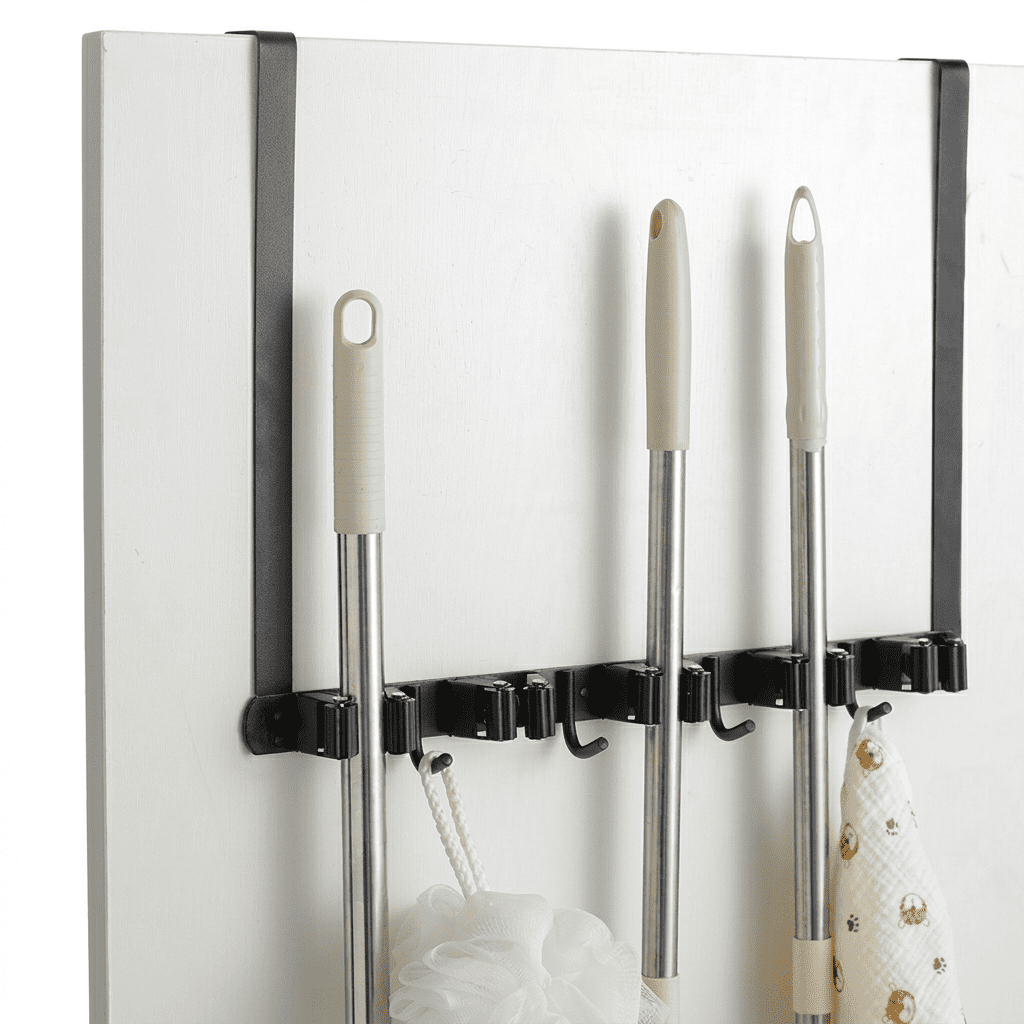 FVKRNYZ Broom Holder Mop Hanger Wall Mount, Broom Holder Over The Door with 2 Over Door Hooks Stainless Steel Broom Mop Hanger Wall Mounted Garden Tool Rack Org