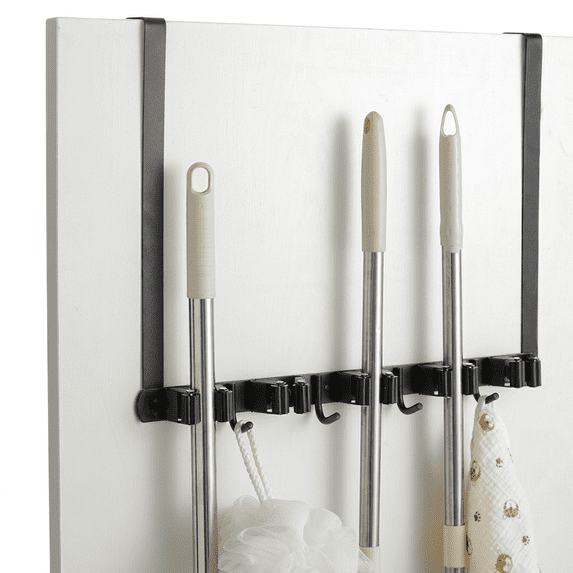 FVKRNYZ Broom Holder Mop Hanger Wall Mount, Broom Holder Over The Door with 2 Over Door Hooks Stainless Steel Broom Mop Hanger Wall Mounted Garden Tool Rack Organizer