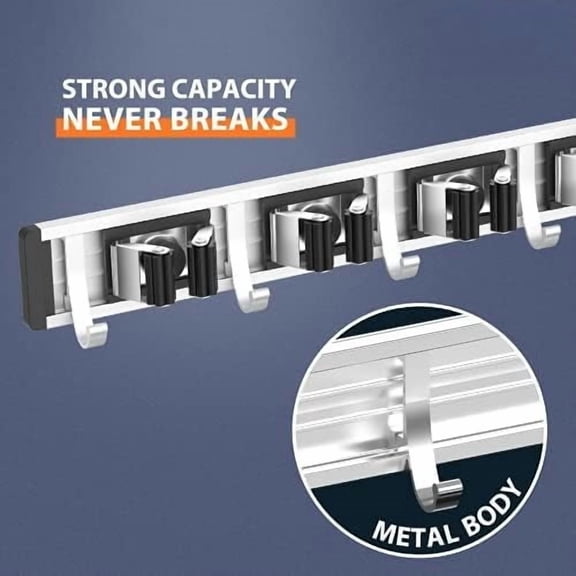 Broom Holder Wall Mount, 4 Racks with 5 Hooks Black - Mop Storage Tool Racks, Broom Hanger Tool Organizer for Garage, Kitchen, Garden, Laundry Room