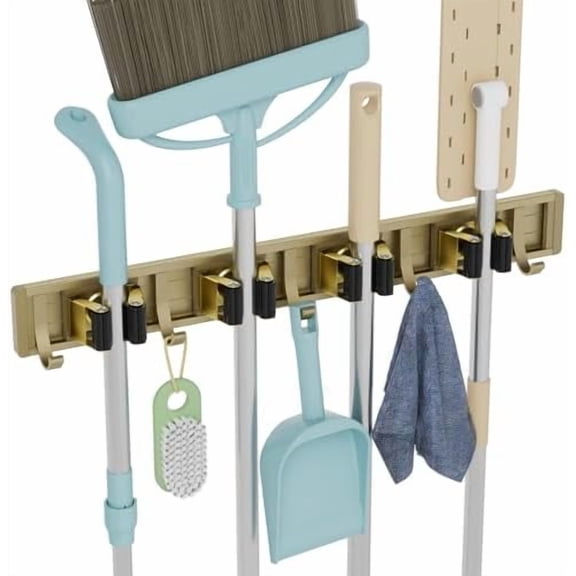 Broom Holder Wall Mount, 4 Racks with 5 Hooks Bronze - Mop Storage Tool Racks, Broom Hanger Tool Organizer for Garage, Kitchen, Garden, Laundry Room