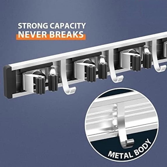 Broom Holder Wall Mount, 5 Racks with 4 Hooks Black - Mop Storage Tool ...