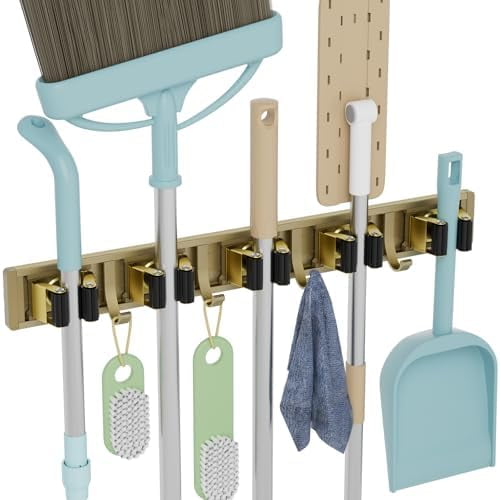 Broom Holder Wall Mount, 5 Racks with 4 Hooks Bronze - Mop Storage Tool ...