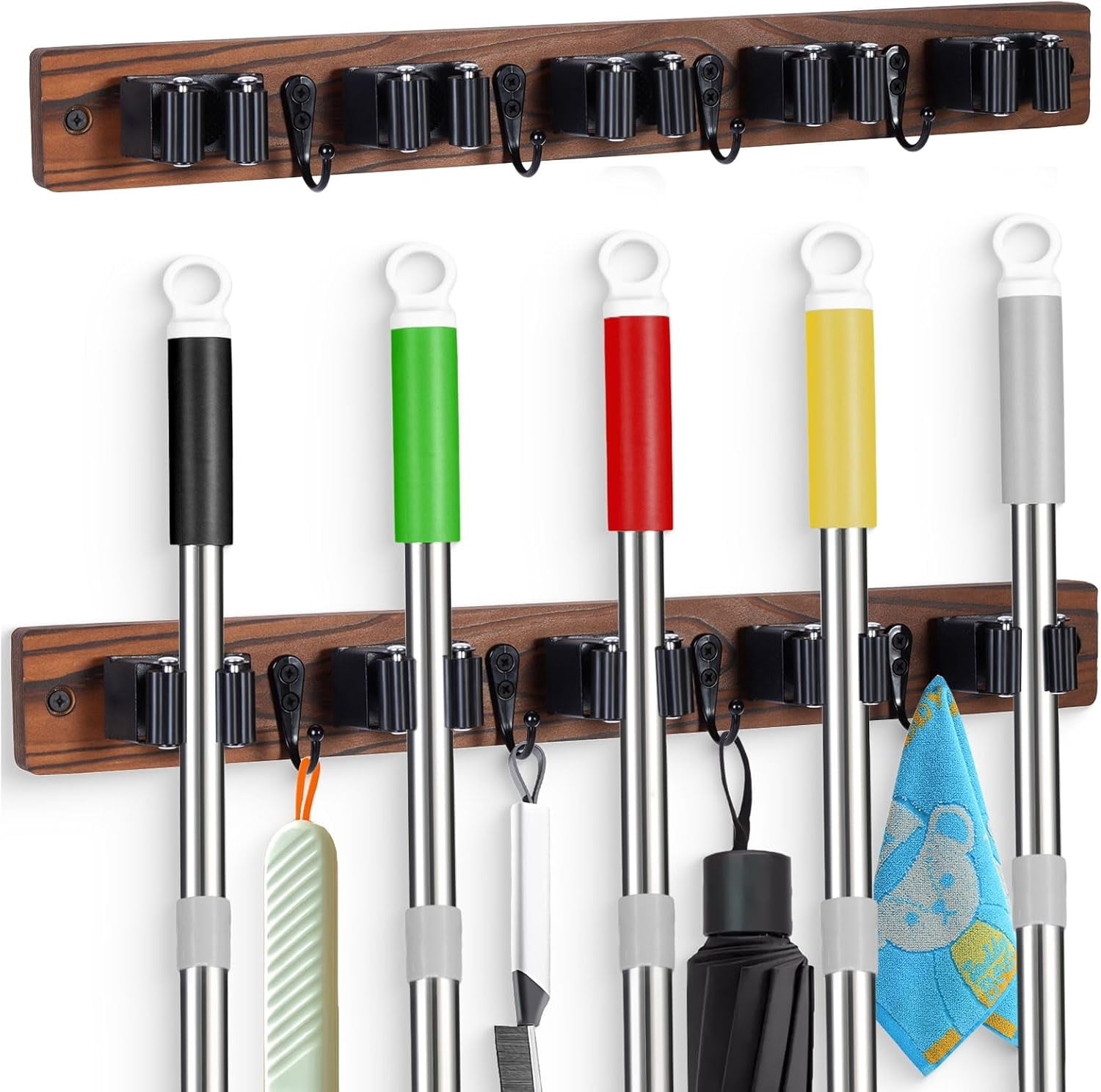 Broom Holder Wall Mount With 5 Slots & 4 Hooks，Rustic Wood Broom & Mop ...