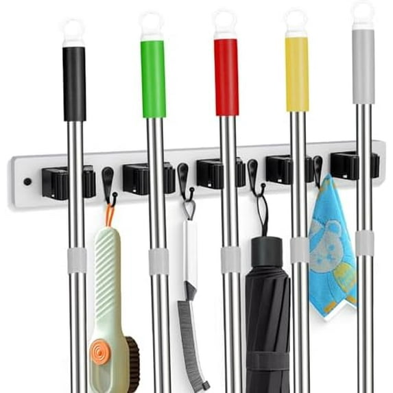 Broom Holder Wall Mount With 5 Slots & 4 Hooks，Rustic Wood Broom & Mop ...