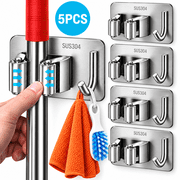 GAZILY  5 Pack Mop Holder Wall Mount, Stainless Steel Mop Hooks for Broom and Cleaning Tools, Self Adhesive Mop Hanger Organizer for Bathroom, Kitchen, Garage, Laundry Room