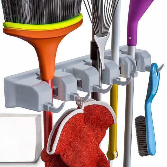 Broom Holder Wall Mount and Garden Tool Organizer, Closet Storage, Kitchen Rack, Home Organization and Garage Organizer for Rake or Mop Handles Up to 1.25-Inches, Hanger Plus 6 Hooks (Grey)