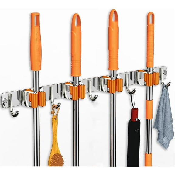 Broom Holder Wall Mount Mop and Broom Hanger Wall Mounted Garage Storage Rack Kitchen Garden Tool Organizer (4 Racks with 5 Hooks)