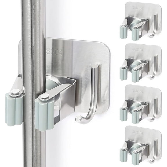 Broom Holder Wall Mount Self Adhesive, Sturdy Heavy Duty Stainless Steel Mop Gripper Rack Perforated Free, Perfect for Laundry Room Organizer, Fit with Laundry Kitchen Garage Garden Storage System