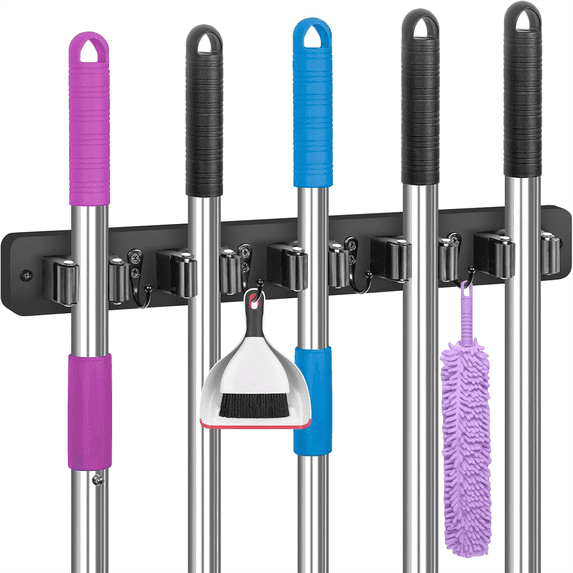 Broom Holder Wall Mount, Wood Broom Holder with 5 Racks and 4 Hooks ...
