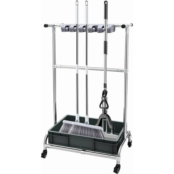 Broom and Mop Holder Garden Tool Organizer Mobile Cleaning Trolley Mop Rack Floor Standing Cleaning Tool Cart Storage for Garden Garage Schools Hospitals Factories Hotels