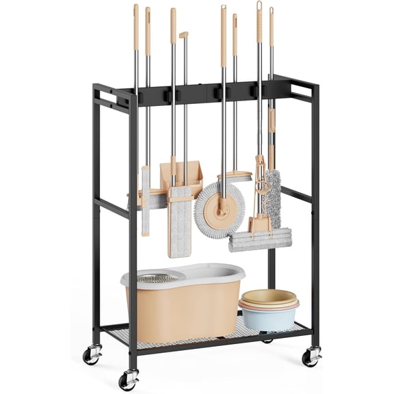 Broom And Mop Holder, Movable Broom Closet Storage Cabinet, Cleaning Cart with Mop Hanger Gripper Rack, Janitorial Cart, Utility Carts, Laundry Room Organization Home Essentials