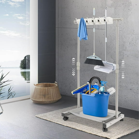 Broom Mop Holder, Movable Put Wet Mops Broom Floor Standing Cleaning Tool Rack 6 Hook and 5 Slots, Stainless Steel Cleaning Supplies Organizer for Home Schools Hospitals Factories Hotels Restaurant