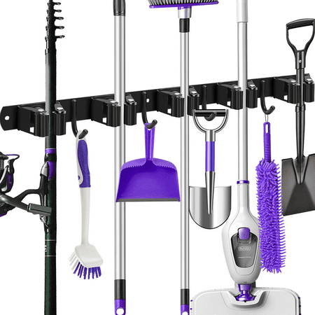 Broom Mop Holder Wall Mount with 5 Slots 4 Hooks Broom Hanger Self Adhesive Matte Steel Garage Rack