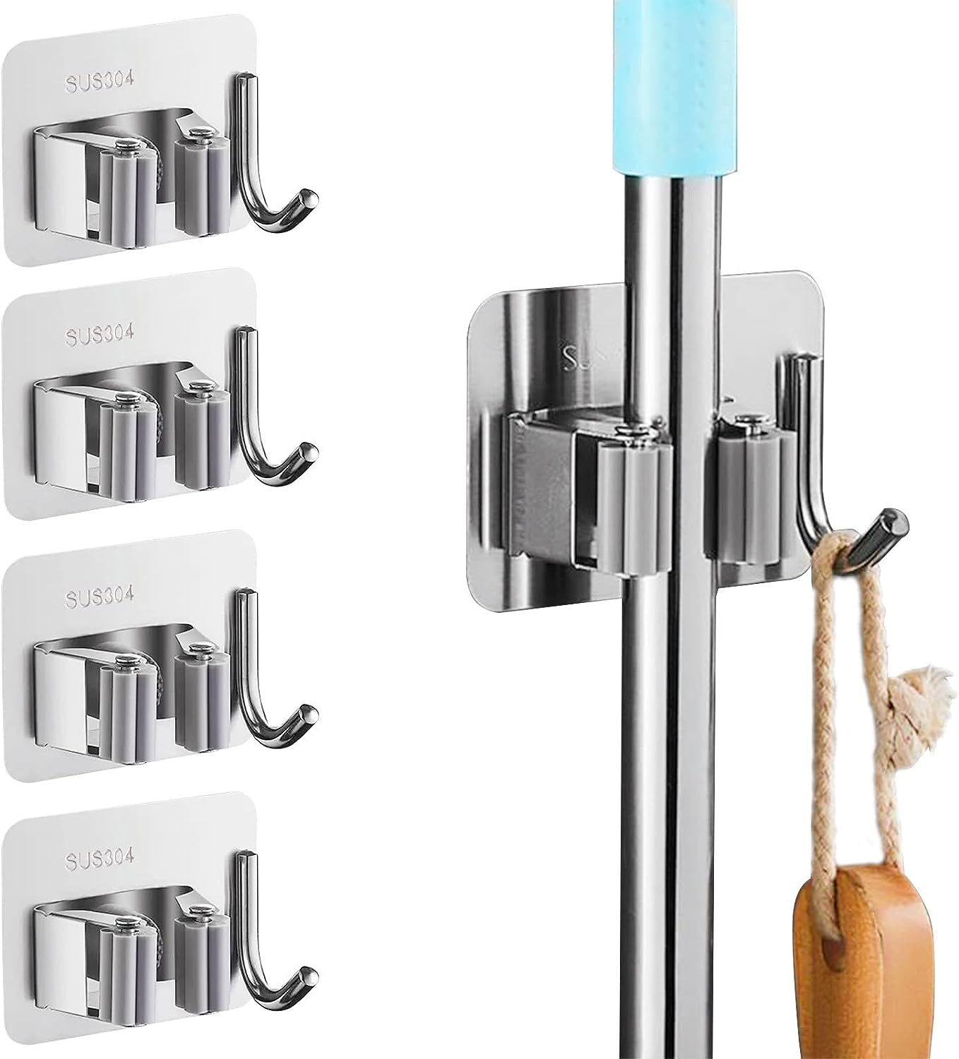 Wall Mounted Broom & Mop Holder - Stainless Steel With 4 Racks & 5 Hooks, Heavy Duty Organizer