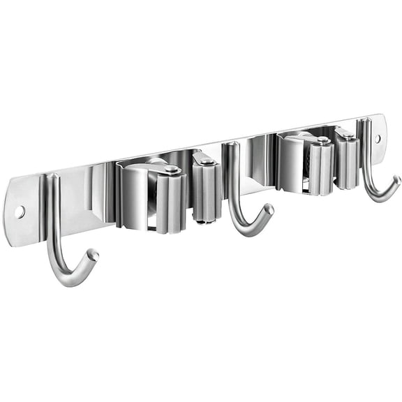 Wall Mounted Stainless Steel Heavy Duty Broom and Mop Holder (2 Racks 3 Hooks)