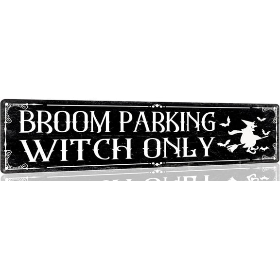 Broom Parking Witch Only Tin Sign Vintage Halloween Metal Signs Gothic Halloween Witch Decorations for Cafe Bar Kitchen 4x16 Inch
