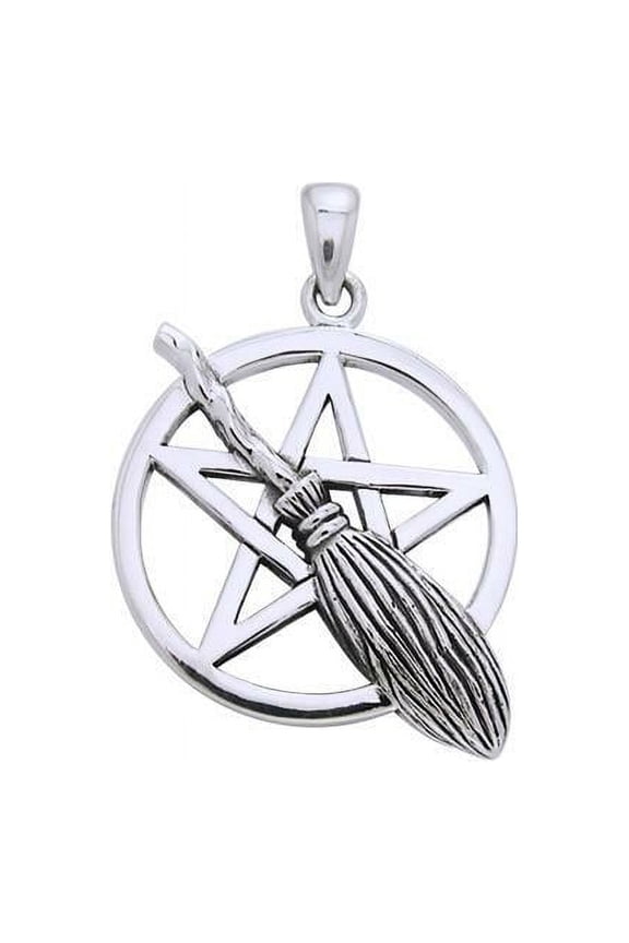 Broom Pentacle 925 Sterling Silver Pendant Magic Witch Halloween Wiccan Jewelry