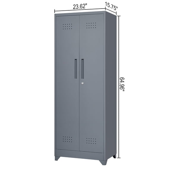 Broom Storage Cabinet with Locking Doors and Shelves, 65 H Metal Storage Cabinet with Hanging Rod & S-Hooks, Grey Cleaning Tool Storage Cabinet for Garage and Office