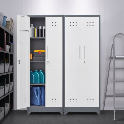 Broom Storage Cabinet With Locking Doors And Shelves, 65" H Metal Storage Cabinet With Hanging Rod & S-Hooks, Cleaning Tool Storage Cabinet Grey