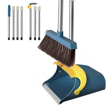 Broom and Dustpan Set, 51.2" Self-Cleaning with Dustpan Teeth for Pet Hair, Home, Kitchen, Blue